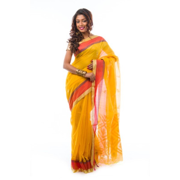 Yellow handWoven linen saree