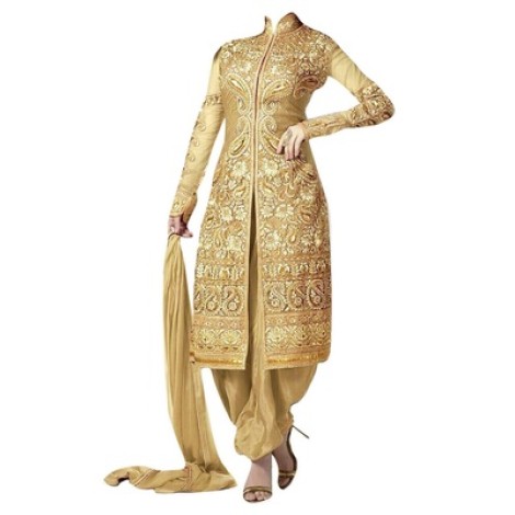 Golden embroidered georgette semi stitched salwar with dupatta