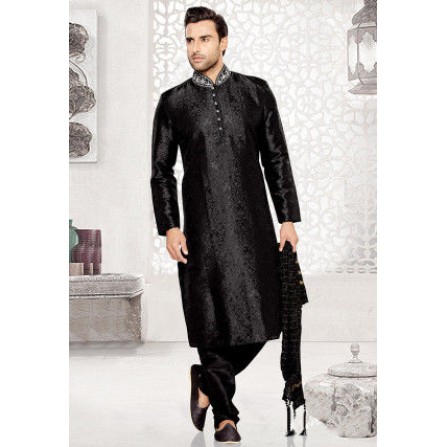 Embellished Brocade Kurta Set in Black