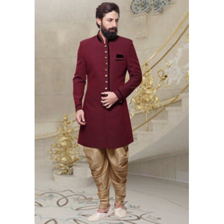 Plain Khadi Dhoti Sherwani in Maroon