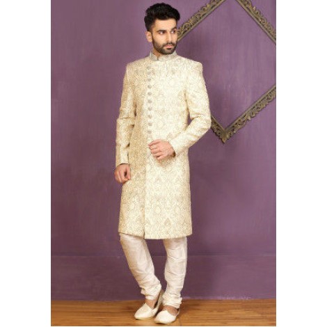 Embroidered Art Silk Sherwani in Cream