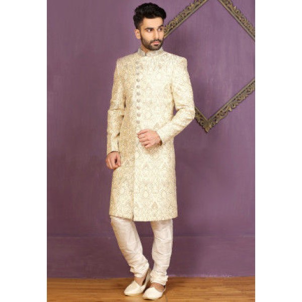 Embroidered Art Silk Sherwani in Cream