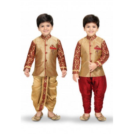 Woven Art Silk Dhoti Sherwani Set in Golden