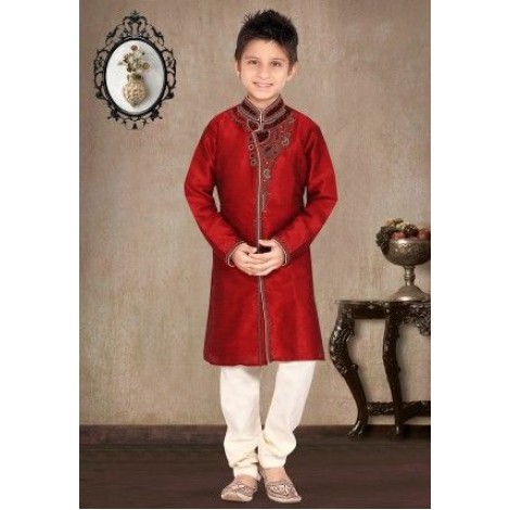 Embroidered Art Silk Kurta Pyjama Set in Maroon